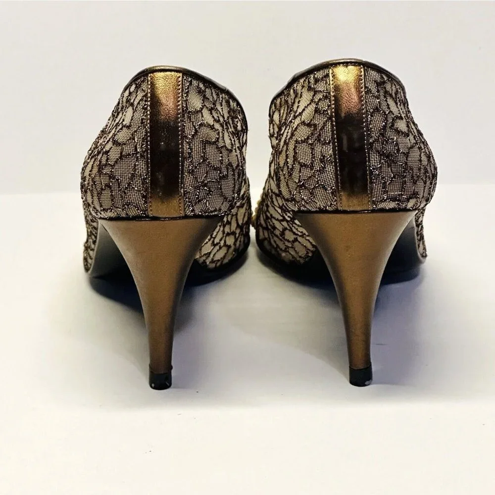 STUART WEITZMAN Womens Heels Shoes Size 6B Brown Guipure Lace Beaded Bow - Picture 9 of 13